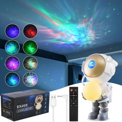 Imagen de Jinlaili Astronauta Proyector Galaxy, 360Rotación Estrellas, LED Lámpara Galaxia con timer e telecomando, Luz Nocturna Infantil Nebulosa, Regalos Niños (Blanco)