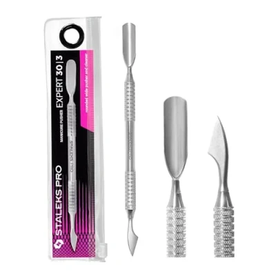 Imagen de STALEKS PRO Empujador de cuticulas doble. redondeado ancho + limpiador. Manicura y Pedicura. Acero inoxidable. Expert 30/3