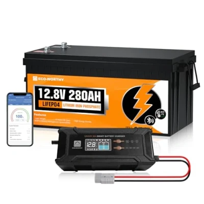 Imagen de ECO WORTHY LiFePO4 Bluetooth 12V 280AH con Cargadores 12/24V 20A,Bateria Litio 200A BMS protección Baja Temperatura y MAX. 15000 ciclos para Autocaravana,Caravana,Barco