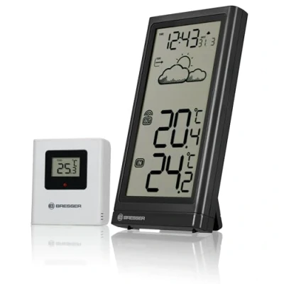 Imagen de Bresser Meteo Estación radiocontrolada con sensor exterior, termómetro indicador de temperatura para interior y previsión meteorológica, soporte plegable pared, negro