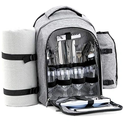 Imagen de CampFeuer Mochila de Picnic con 32 Piezas para 4 Personas Color Gris Jaspeado Incl. Portabotellas, Manta Picnic, Compartimento Nevera y Utensilios Camping Isotérmica