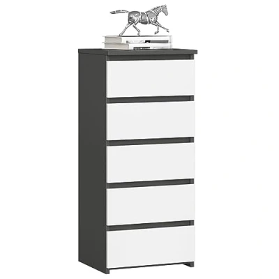 Imagen de AKORD Cómoda con 5 cajones Alta Mueble Moderno para Sala de Estar, Comedor, Dormitorio, Entrada, baño Armario habitación Infantil 35x40x92 cm Gris Grafito &amp; Blanco Frente