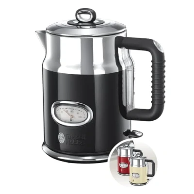Imagen de Russell Hobbs Hervidor de Agua Eléctrico Retro 1,7 litros, 2400 W, Filtro Extraíble, Zona Ebullición Rápida, Base 360, Indicador Nivel Agua, Diseño Vintage, Inox., Negro 21671 70