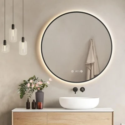 Imagen de EMKE Espejo LED Redondo de Baño, ø80cm,Marco Negro, antiempañante, con visualización Hora y Temperatura, luz Neutra, Intensidad Ajustable, baño iluminación, IP44