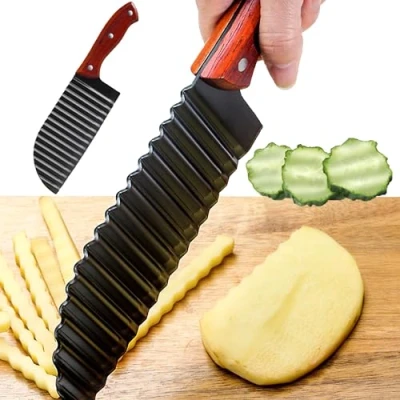 Imagen de CINY Cortador De Papas Arrugadas Viruta Cuchillo Ondulado Acero Inoxidable para Patatas Corrugado, Chips Verduras, Patatas, Cebollas (Mango Madera)