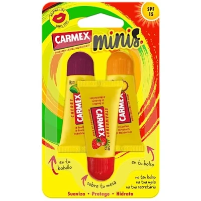 Imagen de Carmex Bálsamo Labial SPF 15, Triplo Minis (Cereza, Piña y Fresa) 5gx3. Hidratan, protegen, reparan, calman suavizan los labios.