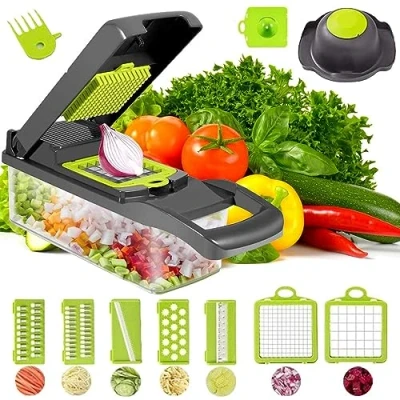 Imagen de HUKITECH cortador de verduras 16 en 1, mandolina Dicer para cortar frutas y verduras, zanahorias, patatas, picadora dados con 7 cuchillas intercambiables