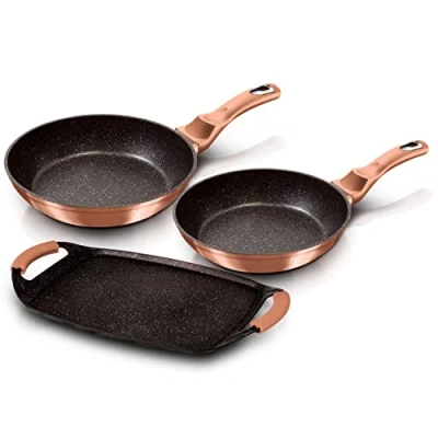 Imagen de Berlinger Haus Rose Gold Juego 2 Sartenes 22 26 cm y Plancha Asar Inducción 36x23cm, Antiadherente, sin PFOA, Diseño Metallic, Asas Silicona, Vitrocerámica, Oro Rosa