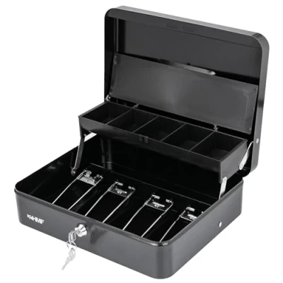 Imagen de HMF 15230 02 Caja de caudales con cerradura compartimento para monedas y 4 compartimentos billetes pinza 30 x 24 9,5 cm Negro