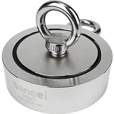 Imagen de Imán SENSEI 350 kg, de Neodimio Doble Cara N52 con Gancho Superior y Lateral, Ø9,4 x H2,8 cm, Muy Potente para Hogar, Taller, Pesca en el Agua