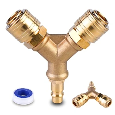 Imagen de Conector de Aire Comprimido 2 Vías, Distribuidor Comprimido, Latón Accesorios Compresor con Anillo Sellado, Línea Aire, Rapido 1/4