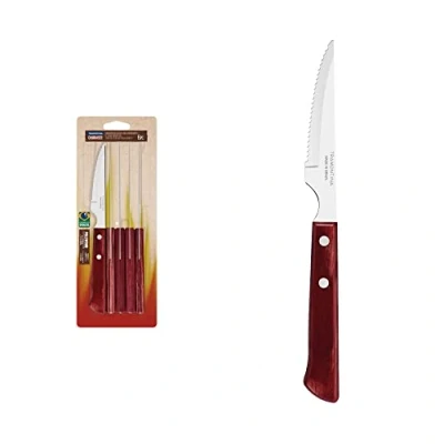 Imagen de TRAMONTINA Juego de Cuchillos Churrasco, para Asado, en Acero Inoxidable y Mangos Madera Polywood Color Rojo, Cubiertos con Remaches Aluminio, 6 Piezas, Tamaño 4&quot;