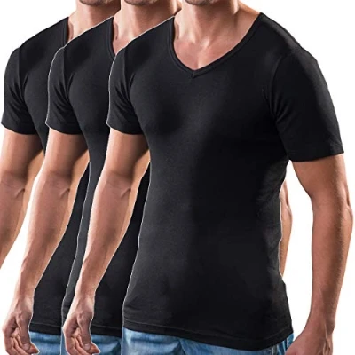 Imagen de Hermko 4880 Set de 3 camisetas manga corta para hombre, con cuello en V (más colores) negro 42
