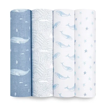 Imagen de Aden + Anais Oceanic Juego de 4 Mantas Muselina orgánica 100% Transpirable para bebés y niños, diseño Estampado Estrellas, Color Azul, Gales, artículos Esenciales Dormir