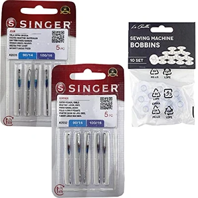 Imagen de La Canilla Singer Pack de 2 Paquetes Agujas Universales para Coser Tejanos y Cuero 2026, 2032 Sistema 130/705 H (Plano un Lado) J LL Plástico