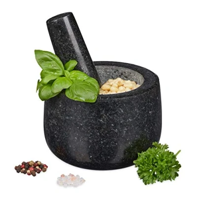 Imagen de Relaxdays Mortero Granito, Maja, Robusto y Duradero, Especias, Hierbas, Triturador Piedra, Diámetro 12 cm, 300 ml, Negro, milliliters