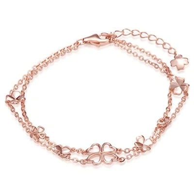 Imagen de Infinito U Pulsera Mujer Chicas en Plata de Ley 925 con Doble Cadena y Extensor Diseño Trébol Cuatro Hojas Color Oro Rosa