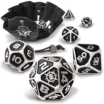 Imagen de ENHANCE DND Juego de Dados Metal 7 poliédricos con Bolsa Cuero Vegano 2 en 1 y Bandeja Dados, sólido para Juegos rol (Edición Coleccionista Negro)