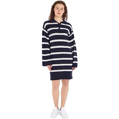 Imagen de Tommy Hilfiger Mujer Vestido tipo polo Soft Wool manga larga, Multicolor (Breton Stp/ Desert Sky/ Ecru), XL