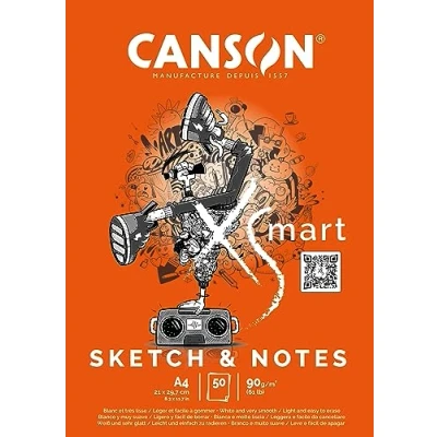 Imagen de CANSON XSmart, Papel de dibujo Blanco, Grano fino, 90gsm, Bloc encolado por lado largo, A4 21x29,7cm, 50 hojas
