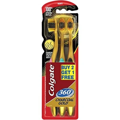 Imagen de Colgate Cepillo de dientes 360 extra suave, color dorado, carbón, paquete 3