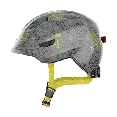 Imagen de ABUS casco infantil Smiley 3.0 LED de bicicleta con luz ajuste profundo y espacio para una coleta niñas niños gris motivo espacial, talla S, S (45 50 cm)