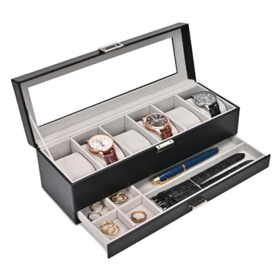 Imagen de Procase Caja de Relojes 6 Ranuras con Cajón, Funda Organizadora Reloj 2 capas Tapa Cristal, Estuche Almacenamiento para Hombres y Mujeres Negro