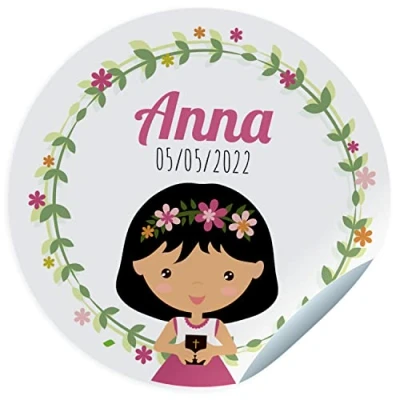 Imagen de 24 Etiquetas adhesivas comunión. Pegatinas personalizadas con nombre y fecha para los regalos de tus invitados. Tamaño 45 mm