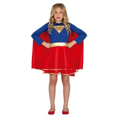 Imagen de FIESTAS GUIRCA Disfraz de Super Heroína Niña Atuendo Infantil Chica con Vestido Azul y Rojo Capa para Niñas 5 6 Años