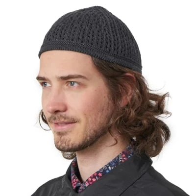 Imagen de Casualbox Tejido Algodón Cráneo Gorra Kufi Islam Oración Sombrero Croché Puntada Tapa Gorros Beanie Hombres Tocados para Todos Temporadas Gris