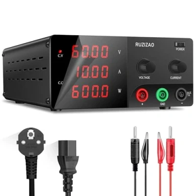 Imagen de RUZIZAO Fuente de Alimentación Regulable 60V 10A 600W, Alta Potencia Laboratorio Banco con Mando Codificador, CC Pantalla LED 4 Dígitos