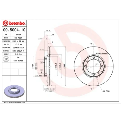 Imagen de BREMBO 09.5004.10 Disco de freno 242 19 4 ventilación interna HYUNDAI: ACCENT I Berlina, S Coupé, 1
