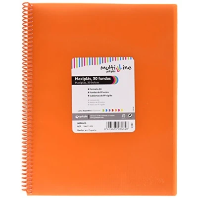 Imagen de Grafoplás Carpeta 30 Fundas Transparentes A4 Color Naranja Espiral PVC Tapas Polipropileno Gomas de Cierre Maxiplás Multiline