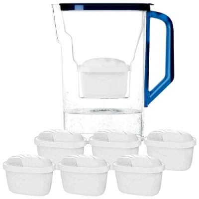 Imagen de Wessper Jarra Filtradora Agua con Filtros, para Puerta de Frigorífico 2,7 Litros, Filtro Carbón Activo y Resina Intercambio Iónico, Juego 6 Cartuchos Azul