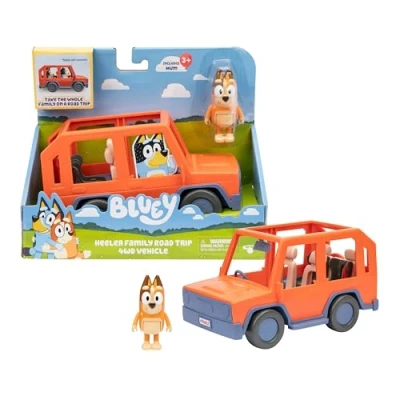Imagen de Bluey Heeler Family Road Trip 4WD Vehículo, incluye figura articulada de chile, con techo abierto para adaptarse fácilmente a 4 figuras en el interior, ideal todas las 2.5 pulgadas (se