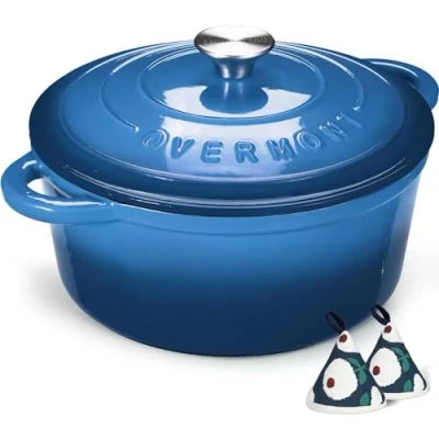 Imagen de Overmont Olla de Hierro Fundido Antiadherente Cacerola Holandesa Esmaltado con Tapa Ø26 CM Redonda para Cocinas Inducción Azul