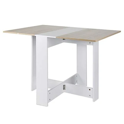 Imagen de HUOLE Mesa Plegable de Comedor para 4 6 Personas Madera con 2 Solapas Estantes Almacenaje Diseño Moderno 103 * 76 73,4 cm (Blanco + Color Roble)