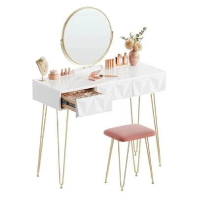 Imagen de EUGAD Juego Mesa de Tocador con Taburete Acolchado Terciopel y Espejo Giratorio 360 Moderno Escritorio Maquillaje 3 Cajones Madera+Metal, Blanco+Oro 0016SZT