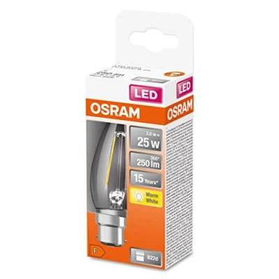 Imagen de OSRAM LED Star Classic B25, lámpara de filamento transparente en forma vela, casquillo B22d, blanco cálido (2700K), sustituye a las bombillas convencionales 25W, paquete 1