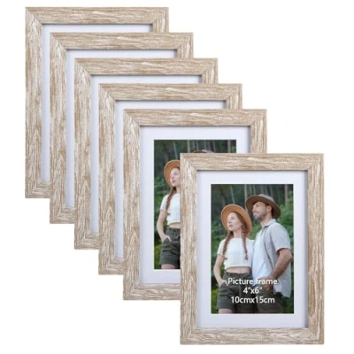 Imagen de EYMPEU Marco de fotos 10 x 15 cm, juego 6 unidades, adecuado para imágenes con paspartú o 13 18 sin paspartú, pared y mesa, color beige