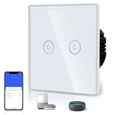 Imagen de BSEED Interruptor de Luz Táctil Inteligente WIFI, Pared con Panel Cristal Compatible Alexa/Tuya/Smart Life (Requiere Cable Neutro) 2 Gang 1 Vía Blanco