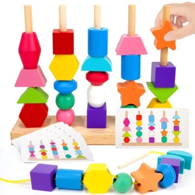 Imagen de Tosekry Montessori Juguetes Niños 2 3 4 Años, Juegos Educativos Años Apilables Apilar y Enhebrar de Madera Regalo