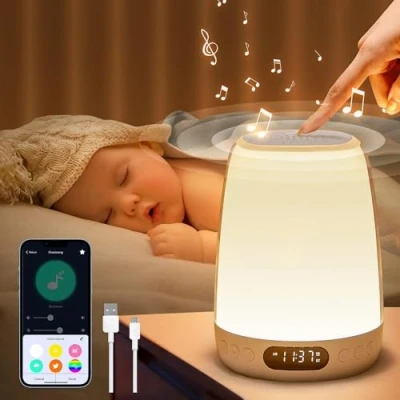 Imagen de One Fire Lamparas de Mesita Noche+Despertador Infantil+Reloj, APP Remoto+36 Colores Luz Nocturna Infantil,14 Canciones Relajantes Lampara Noche+Reloj Despertador,Lamparas Noche