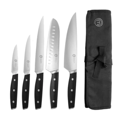 Imagen de MasterChef Cuchillos Cocina con Manta, Juego de Aceros Inoxidables, Set Cuchillo Chef, Santoku, Verduras y mas, Multifuncional, 5 Piezas, Plata, Alto Carbono