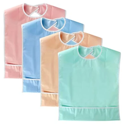 Imagen de BTSKY 4Pcs Baberos Reutilizables Impermeables para Adultos, Lavables, Protectores Comida, Protector de Ropa con Recogedor Migas, Rosa, Azul, Naranja, Verde