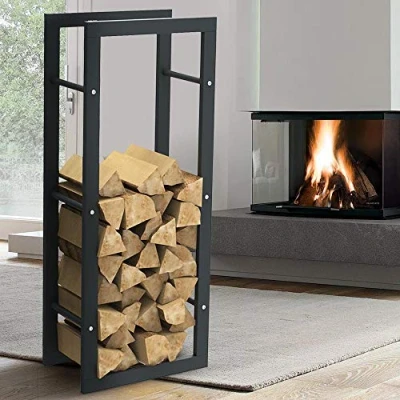 Imagen de BAKAJI Soporte vertical para leña rectangular de metal madera interior, exterior, madera, casa, jardín, chimenea, diseño moderno (100 x 25 40 cm)