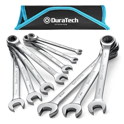Imagen de DURATECH juego de llaves combinadas trinquete 10 piezas, cabeza fija, extremo abierto, con bolsa enrollable, métricas, 6 18 mm, 12 puntos, acero CR V