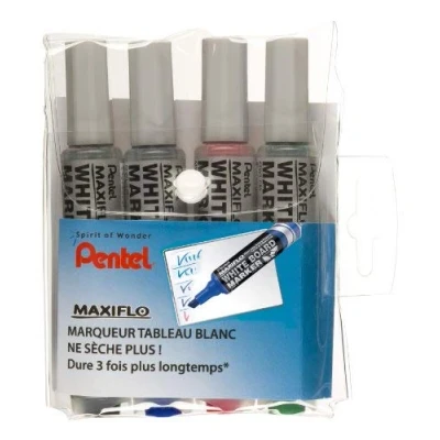 Imagen de Pentel Maxiflo MWL6 Estuche de 4 rotuladores para pizarra blanca (punta biselada, trazo grueso), color negro, azul, rojo y verde