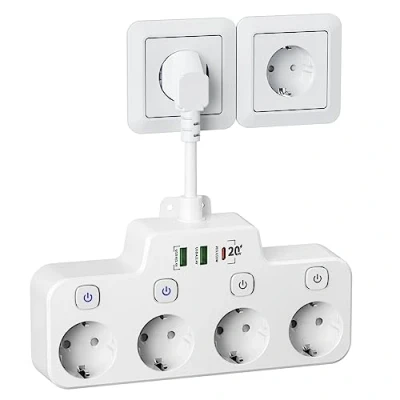 Imagen de Regletas Enchufes Proteccion Sobretension Pared con USB C(PD 20W), Ladron Interruptor, Regleta 4 Conmutable Individualmente, Base Multiple,Blanco