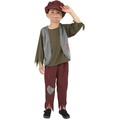 Imagen de Smiffys Disfraz de niño victoriano pobre, Verde, con parte arriba, pantalón y gorro